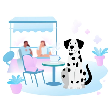 A dalmatian is sitting politely at a café patio, with its distinctive black and white spotted coat. The dog is positioned next to a small round table, which has a steaming coffee cup placed on it. The café patio features colorful chairs and a few potted plants, creating a vibrant atmosphere. The background includes a gentle blur of other café patrons enjoying their drinks and conversations. A bright awning provides shade over the outdoor seating area.