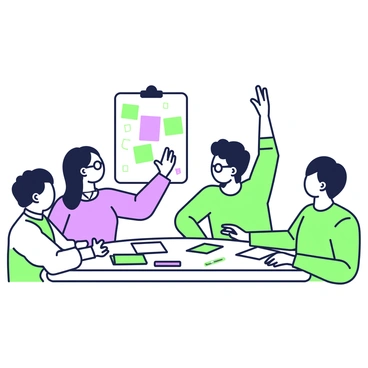 A teacher is sitting at a round table with a group of students, all engaged in a feedback activity. The teacher is wearing glasses and is pointing at a chart in front of them. The students, a diverse group in terms of gender and ethnicity, are seated closely together, looking at the teacher and discussing the materials. Various materials, including sheets of paper, markers, and sticky notes, are spread out on the table. Each student has a notebook open, and one student is raising their hand to contribute to the discussion. The atmosphere is focused and collaborative as they interact with each other and the teacher.