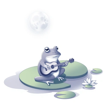 A frog is sitting on a green lily pad with its legs comfortably tucked underneath. The frog holds a small guitar, with its fingers positioned on the strings, as if strumming a gentle tune. The scene is illuminated by the soft, silvery light of the moon above, casting delicate shadows on the surface of the water. Surrounding the lily pad are hints of water lilies and gentle ripples, enhancing the tranquil atmosphere of the moment.