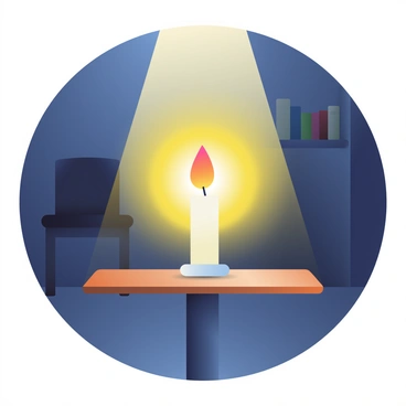 A single candle with a warm orange flame is placed on a wooden table in the center of a dark room. The flame is gradually expanding, creating a halo of bright yellow light that casts soft shadows on the surrounding walls. The dim room features dark furniture, including a chair and a small bookshelf in the background, which are gently illuminated by the expanding light. The light flickers slightly, suggesting a gentle breeze, while the edges of the flame appear vibrant and alive against the darkness.