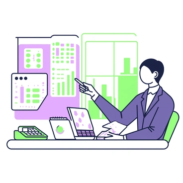 A consultant is seated at a desk, focused on performing a financial audit. The desk is cluttered with multiple open spreadsheets displaying various financial data, with rows and columns clearly visible. Next to the spreadsheets, there is a green calculator with buttons visible, indicating ongoing calculations. The consultant is wearing a navy blue suit and has a pen in hand, poised over a notepad filled with notes. A laptop is also present on the desk, displaying graphs and figures. In the background, a window shows a view of tall office buildings.