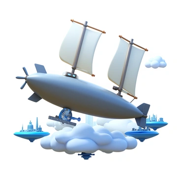 An airship with large billowing sails is approaching a city built on the clouds. The city features a variety of floating structures, including futuristic buildings and platforms, that appear to be suspended in mid-air. The clouds are fluffy and white, creating a soft backdrop for the scene. The airship is adorned with intricate details, such as gears and propellers, giving it a steampunk appearance. Sunlight reflects off the surfaces of the floating structures, creating a shimmering effect.