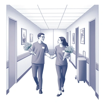 A hospital corridor with two volunteers carrying bouquets of flowers. The volunteers are dressed in matching uniforms, showcasing their role. They both wear cheerful smiles as they approach a patient's room. The walls are lined with framed artwork, and there are medical equipment and a cart in the background. The scene captures a sense of care and hope within the hospital environment.