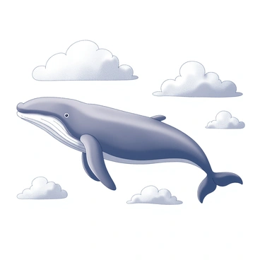 A large whale is gracefully swimming through a sky filled with fluffy clouds. The whale has smooth, rounded features, with prominent fins and a large tail fin that arches elegantly. The clouds are soft and billowy, varying in size and shape, creating a whimsical atmosphere. The composition showcases the contrast between the whale's massive body and the delicate clouds surrounding it.