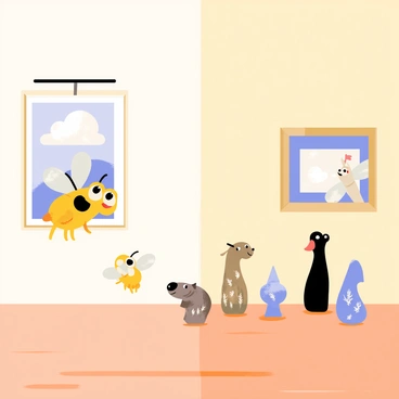 A small, cartoonish fly with big, expressive eyes is hovering in front of a tiny painting displayed in a miniature museum. The museum has walls painted in soft pastel colors, and the floors are made of polished wood. Surrounding the fly are several tiny sculptures made of various materials, including clay and metal. Each artwork is intricately detailed, depicting whimsical scenes. The fly appears curious, with its wings slightly flapping as it observes the artwork, capturing a sense of wonder in this charming setting.