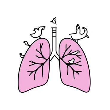 A pair of illustrated lungs, detailed with branching bronchi and alveoli, occupy the center of the image. Various birds, including small sparrows and larger doves, are perched on the top edges of the lungs. Some birds take off into the air, their wings spread wide as they fly away. The background is simple and unobtrusive, allowing the focus to remain on the lungs and the birds interacting with them.