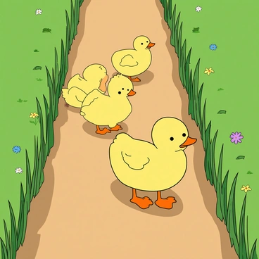 A family of four small ducks, each with fluffy yellow feathers, is waddling down a narrow dirt path. The first duck is slightly larger, leading the way while the others follow closely behind. On either side of the path, tall green grass sways gently, creating a vibrant border. A few wildflowers peek through the grass, adding splashes of color. The sun casts a warm light on the scene, highlighting the ducks’ cheerful expressions as they explore their surroundings.