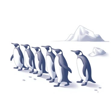 A group of penguins in a line, marching across a snowy landscape. The penguins have distinctive black and white plumage, and they are in various postures, some standing upright while others waddle on the snow. In the background, large ice formations and a gently sloping horizon create a stark yet captivating scene. The ground is covered with fresh snow, with small footprints trailing behind the group, adding to the sense of movement and unity among the penguins.