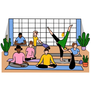 A group of diverse participants, including individuals with varying skin tones and hair types, practicing yoga poses in a bright, spacious studio. Each person is focused and relaxed, wearing comfortable athletic clothing. The studio is filled with natural light streaming through large windows, illuminating wooden floors and soft mats. There are potted plants in the corners, and calming wall colors enhance the tranquil atmosphere. Some participants are in the lotus position, while others are stretching or balancing on one leg, showcasing their dedication to the yoga practice.