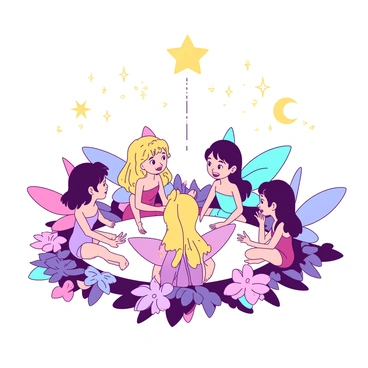 A group of small fairies with delicate wings is gathered in a circle, each fairy exhibiting unique colors and patterns on their wings. They are seated on vibrant flowers, which add to the surrounding atmosphere. Above them, there are bright celestial symbols such as stars and moons that twinkle with light. These symbols are illuminated, casting a gentle glow around the council. The fairies are engaged in animated discussion, with some gesturing with their tiny hands, while soft lights float around them, enhancing the enchanting ambiance of the meeting.