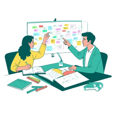 A teal tutor is sitting at a table alongside a yellow student, both focused on creating a colorful mind map on a large white sheet of paper. The paper is filled with bright illustrations of interconnected ideas, each represented by different colors. The tutor is pointing towards a section of the mind map while the student is holding a yellow marker and writing down notes. Various colorful markers are scattered across the table, showcasing a vibrant workspace. A few books are also visible in the background, adding an educational element to the scene.