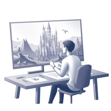 An artist is seated at a large wooden table, surrounded by various sketches and concept art. In front of them, a large canvas displays a detailed landscape of a magical fantasy world. Majestic castles with tall spires and intricate designs rise prominently against the horizon. Nearby, several mythical creatures, such as dragons with large wings, unicorns with flowing manes, and fairies with delicate features, are depicted in various poses throughout the landscape. The artist is intently focusing on refining elements of the scene, with tools like pencils and brushes scattered around them.