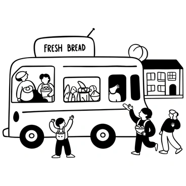 A bread truck parked beside a school building, displaying the words "Fresh Bread" on its side. Several children with backpacks are gathered around the truck, eagerly reaching out toward the open windows. The truck has a variety of baked goods neatly arranged inside, including loaves of bread and pastries. A few kids are holding small bags filled with snacks, while others are pointing excitedly at the offerings. The school building in the background has large windows and a playground visible close by, emphasizing the lively atmosphere of the scene.