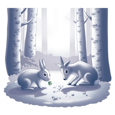 Two animals are sharing food in a dense forest environment. One animal is a small rabbit, sitting on its hind legs, nibbling on a leafy green vegetable. The other animal is a small deer, lowering its head towards the ground, gently reaching for some scattered grains. Surrounding them are tall trees with textured bark, and the ground is covered with a mixture of soft moss and fallen leaves. Sunlight filters through the dense foliage above, casting dappled shadows on the forest floor.