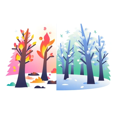 A forest is divided in half, with one side engulfed in flames. The fiery side features tall trees with charred trunks and bright orange and red flames licking at the branches, casting a warm glow. The ground is littered with ashes and glowing embers. On the other side, the forest is covered in ice, where trees are adorned with shimmering frost and icicles. Snow covers the ground, and the air sparkles with a cool blue hue. The contrast between the two halves creates a striking interplay of fire and ice, with a clear line demarcating the two environments.