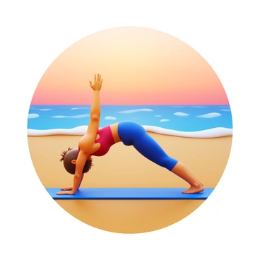 A person transitioning from a yoga pose into a burpee on a sandy beach. The individual is positioned mid-movement, showcasing the blend of grace and athleticism. The ocean waves are gently lapping at the shore in the background. The sky is filled with warm hues of orange and pink, indicating the early morning light of sunrise. The person is wearing athletic clothing suited for beach exercise. Their hair is slightly tousled by the morning breeze, adding a dynamic element to the scene.