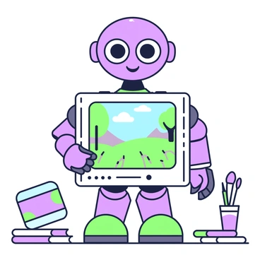A small robot is standing upright, holding an art tablet in its front-facing arms. The robot has a round head with large expressive eyes and a smooth metallic surface. It is displaying its latest illustration on the tablet, which shows a colorful landscape with trees and clouds. The robot's body is compact, featuring a variety of gears and sensors visible on its torso. The background is a simple, clutter-free workspace with a few art supplies scattered around, such as paintbrushes and sketchbooks.