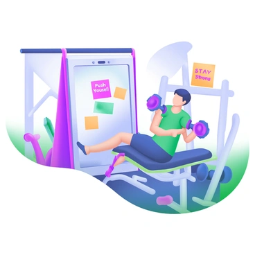 A gym environment featuring a person performing a dumbbell bench press on a workout bench. The individual is focused, looking at their reflection in a large mirror positioned in front of them. Surrounding the mirror are colorful motivational notes with phrases such as "Push Yourself" and "Stay Strong," sticked on the wall. The gym is equipped with various exercise equipment and weights, creating an energetic atmosphere.