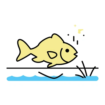 A sunfish, with its distinctive flat, round body and large dorsal fin, is leaping out of the water. The water splashes around it as it breaks the surface, creating droplets that catch the light. In the background, the horizon is visible, showcasing a smooth line where the water meets the sky. The sunfish is highlighted against the soft, gradient colors of the sky.
