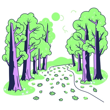 A forest in autumn with tall trees that have leaves in shades of green and purple. The branches are heavy with clusters of leaves, creating a vibrant canopy. A winding path cuts through the forest, and it is lined with fallen foliage, forming a carpet of leaves underneath. Sunlight filters through the canopy, casting dappled shadows on the ground. In the distance, a gentle breeze stirs the leaves, adding movement to the tranquil scene.