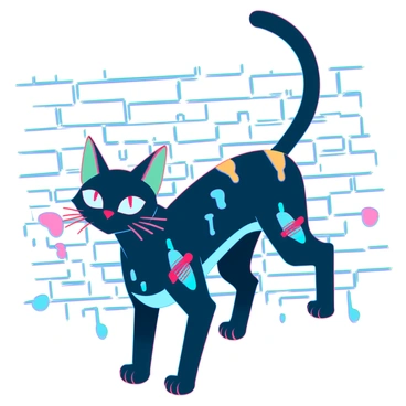 A street art inspired tattoo of a cat with a sleek body and expressive eyes. The cat features bold graffiti elements, such as colorful splashes and drips of spray paint in vibrant hues of blue, red, and yellow. Its fur is stylized with sharp lines and geometric patterns that resemble urban art. The tail arches upward, and the cat is positioned against a textured background that mimics a brick wall, enhancing the street art aesthetic.