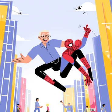 Stan Lee is depicted playfully swinging alongside Spider-Man in an energetic cityscape. Stan Lee is wearing a casual blue shirt and glasses, with a joyful expression on his face. Spider-Man, in his classic red and blue suit, is skillfully maneuvering through the air. Tall buildings with colorful advertisements and a clear blue sky create a lively backdrop. Below, small figures of people look up in awe at the duo, while a few birds fly in the distance.