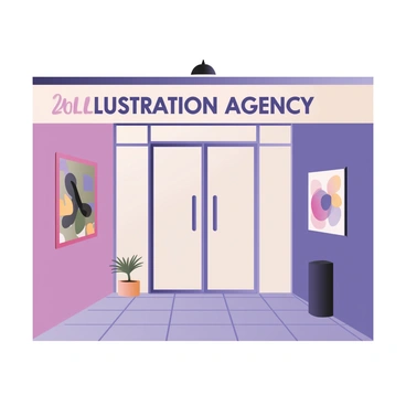 A digital flat illustration depicting the entrance of a top illustration agency. The entrance features a large, stylish logo above the door that reads "Illustration Agency" in bold letters. The door is made of glass with a sleek metallic frame. On either side of the door, there are vibrant murals painted on the walls, showcasing various artistic themes and designs, including abstract shapes and colorful characters. The floor is made of polished tiles, and there is a small potted plant in front of the entrance. The overall atmosphere is creative and inviting.