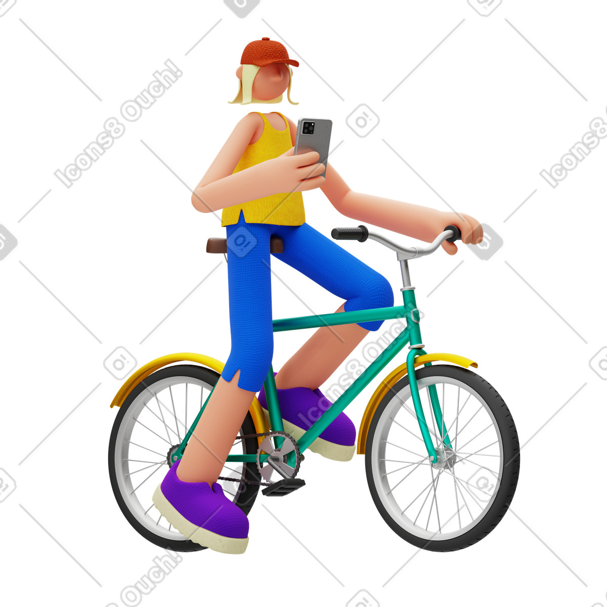 Illustration Femme assise sur un vélo avec smartphone dans le style 3D Rondi à télécharger aux formats PNG, SVG