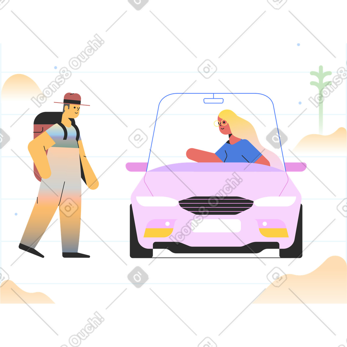Woman driving a car picking up hitchhiker illustration in Marginalia style download in PNG, SVG