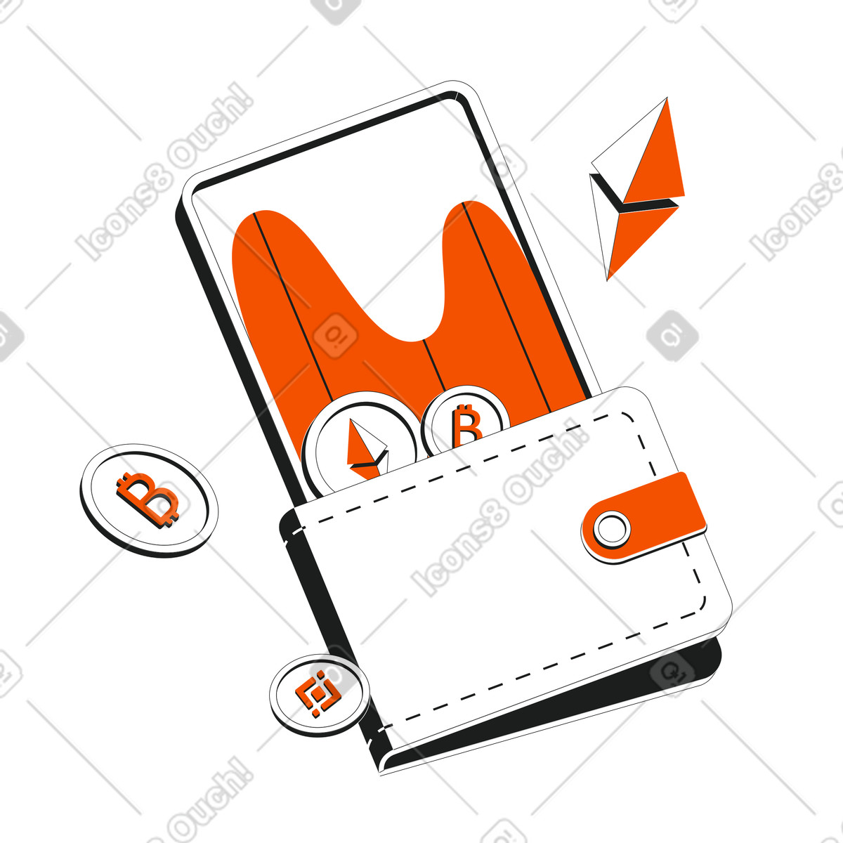 Virtual wallet with cryptocurrency, bitcoin, ethereum, binance illustration in PNG, SVG