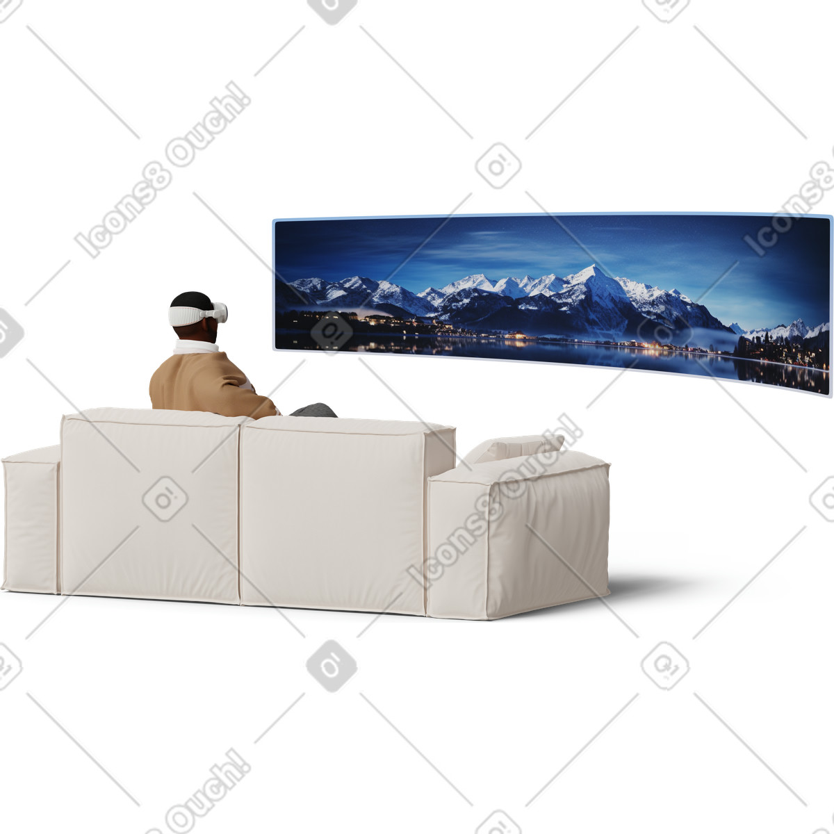 Young man in vr glasses watching a movie illustrazione stile 3D Hygge scarica PNG, SVG