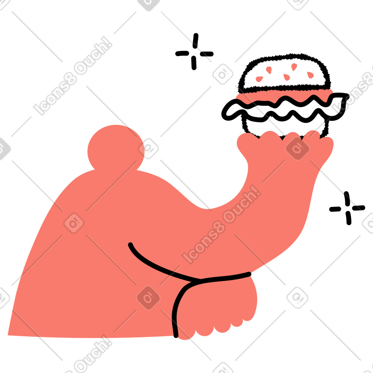 Food lover abstract character admiring tasty hamburger with stars-Illustration im Bold People-Stil als Download in PNG, SVG