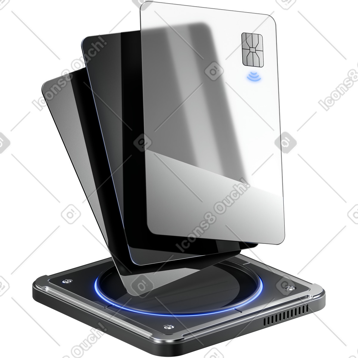 Ilustração de Card stack hovering above wireless payment terminal with glowing blue ring em no estilo 3D Metallic para baixar em PNG, SVG