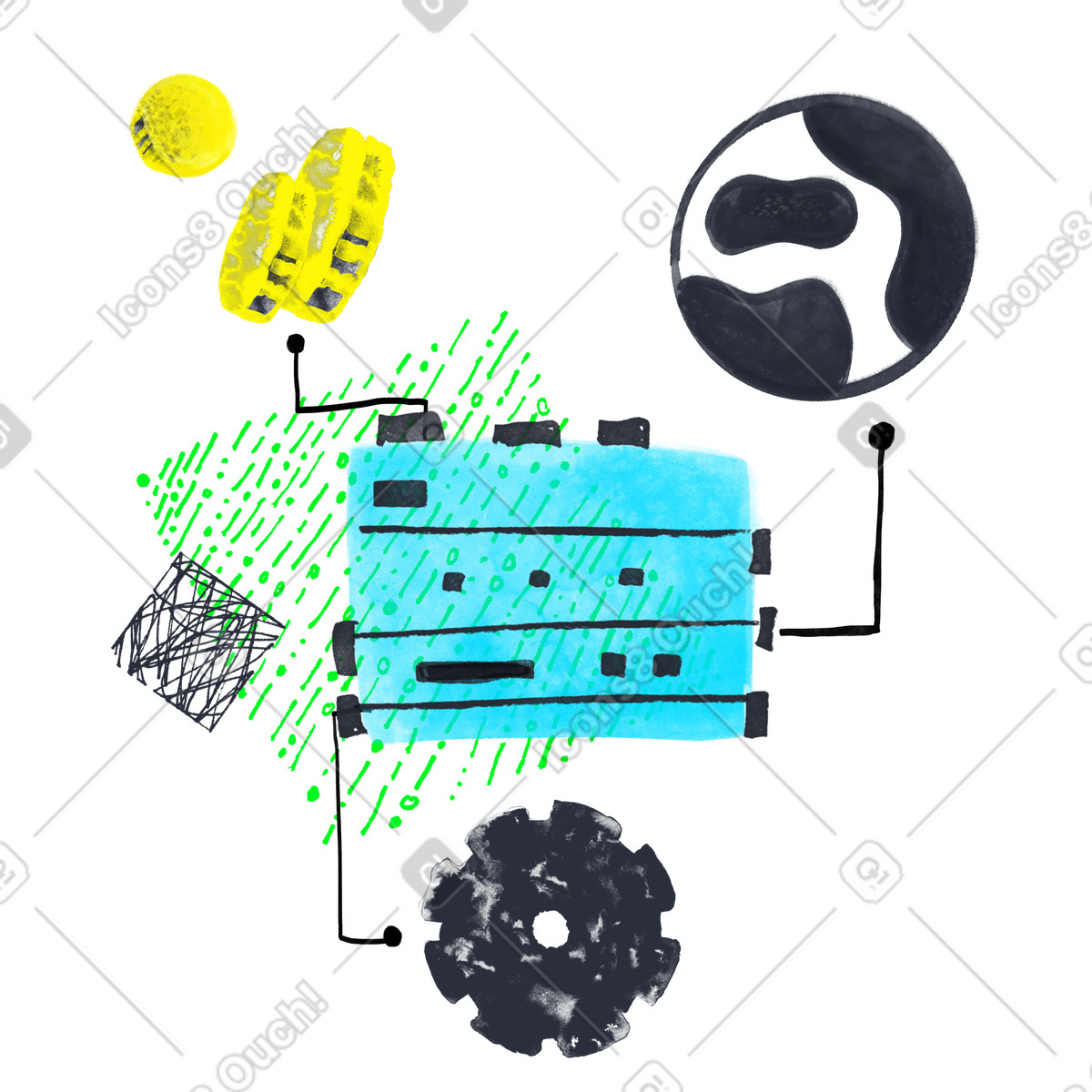 Abstract blockchain scheme with gears an planet illustration in PNG, SVG