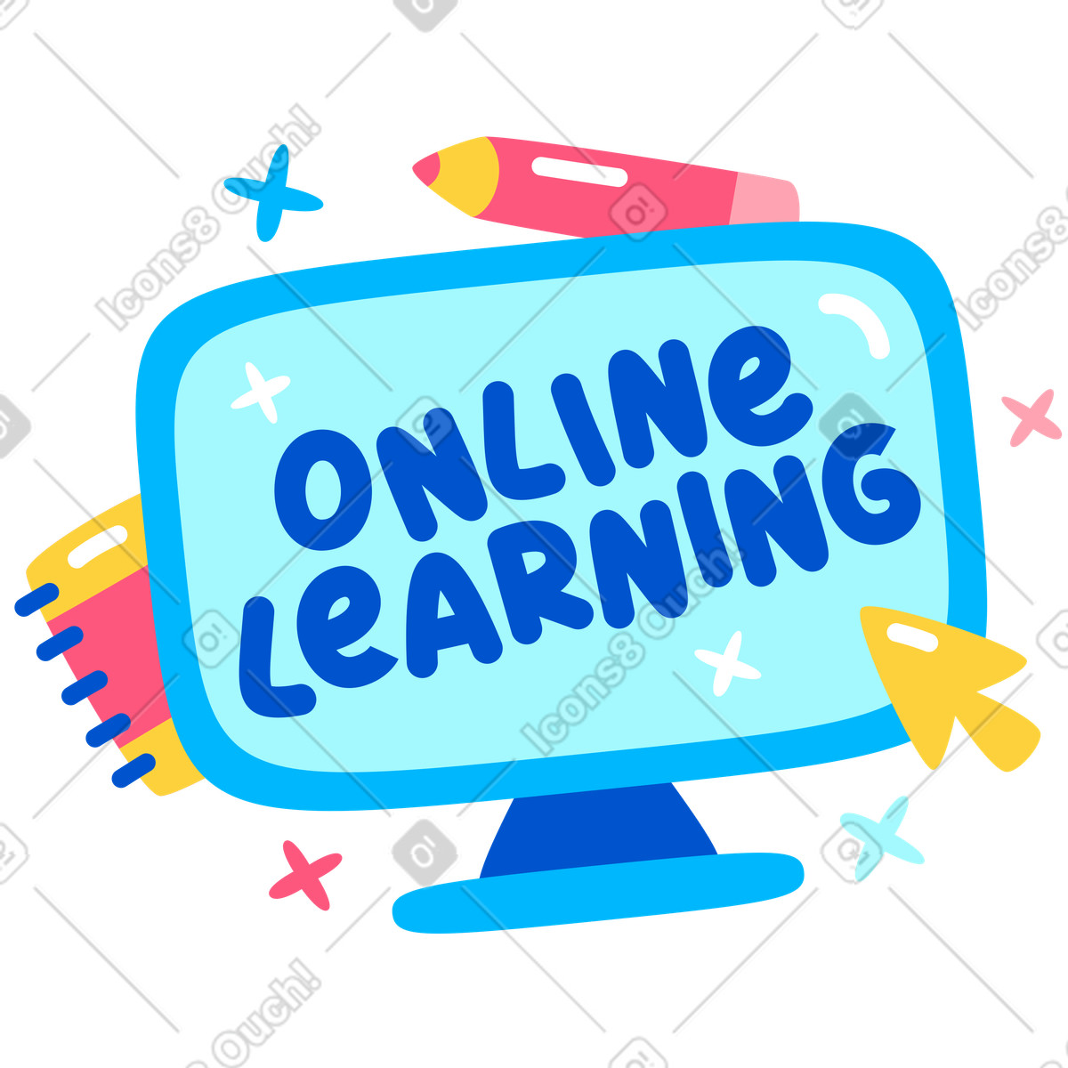 Lettering apprendimento online con strumenti di scrittura e stelle testo illustrazione in stile scarica in PNG, SVG