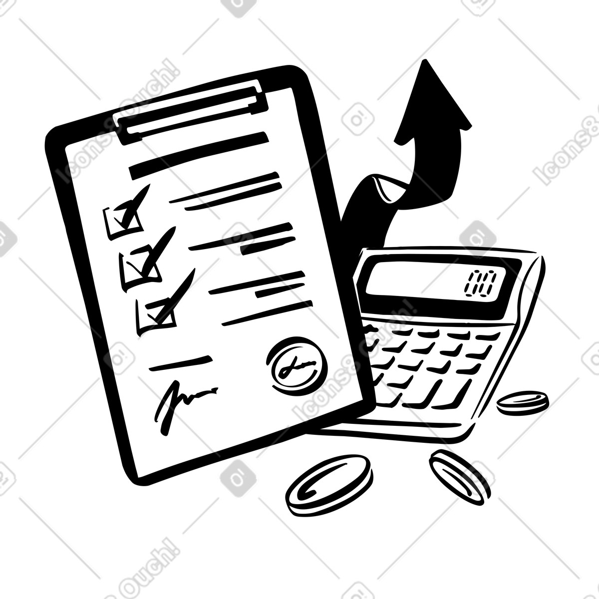 Ilustración Lista de verificación con calculadora y monedas, auditoría financiera control gastos en estilo Line a descargar en PNG SVG