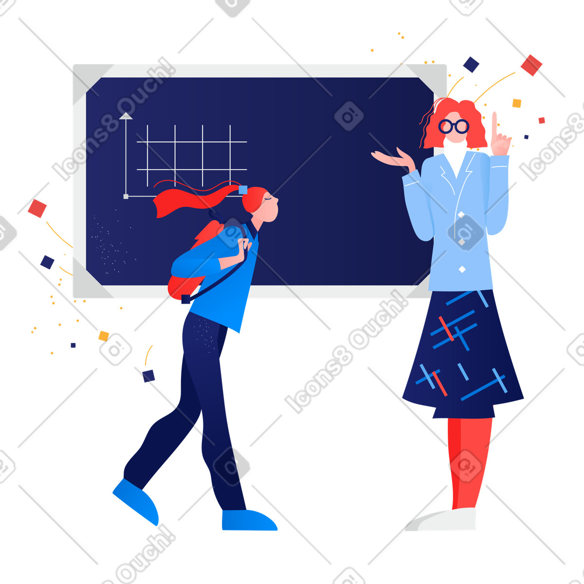 Clip 스타일의 Teacher engaging with student at chalkboard, School learning and education 일러스트레이션 PNG, SVG 다운로드