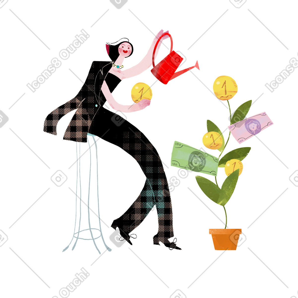Fabulous スタイルの 女の子は座って、お金の木に水をまきます のイラストをPNG、SVG形式でダウンロード