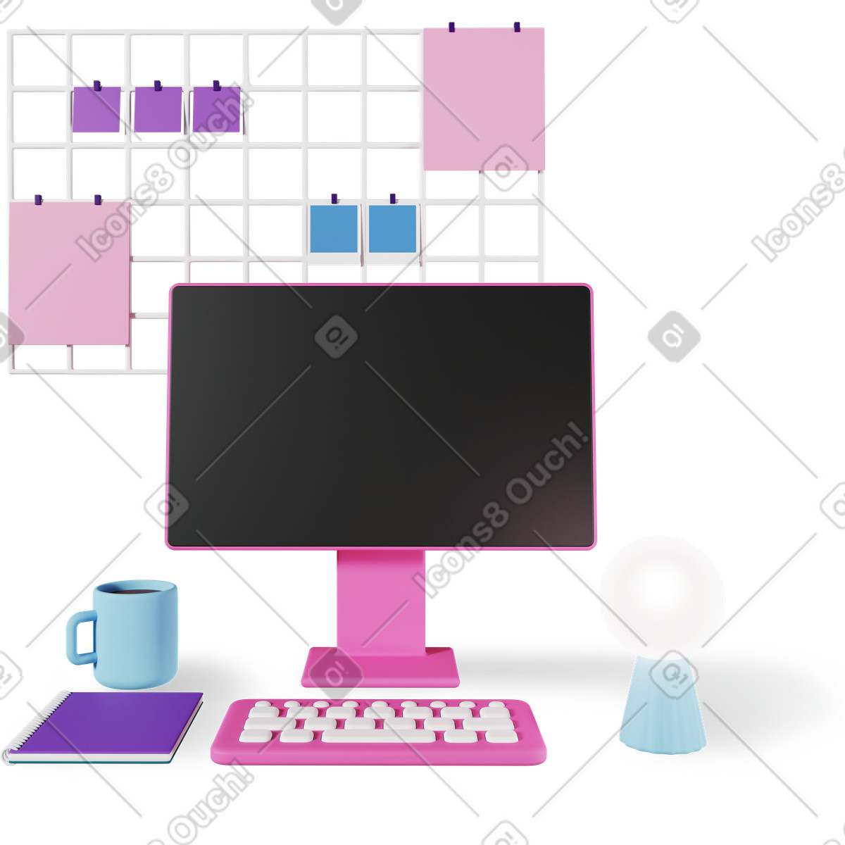Posto di lavoro con composizione informatica illustrazione in stile 3D Plastic people scarica in PNG, SVG