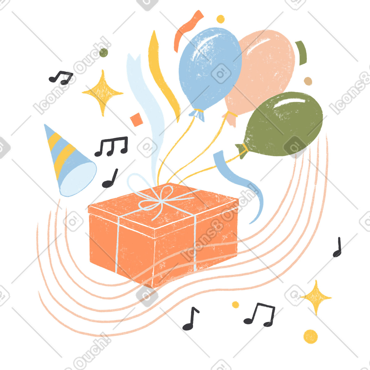 Ilustración Gift box with balloons and confetti, Children's birthday party celebration en estilo Chalky a descargar en PNG y SVG