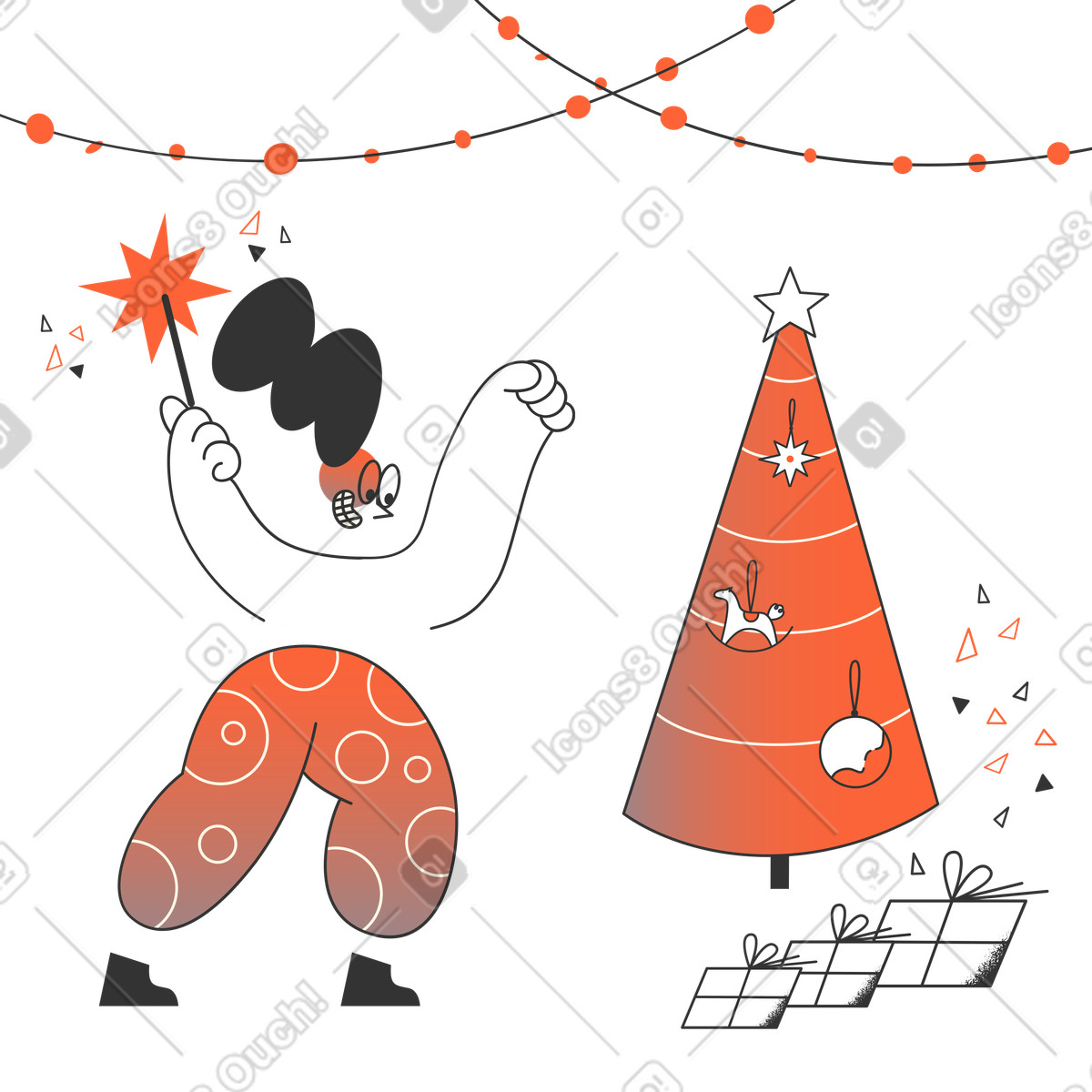 下载 Crayon 风格的 圣诞树旁闪闪发光的女人庆祝圣诞节 插画，支持 PNG、SVG 格式