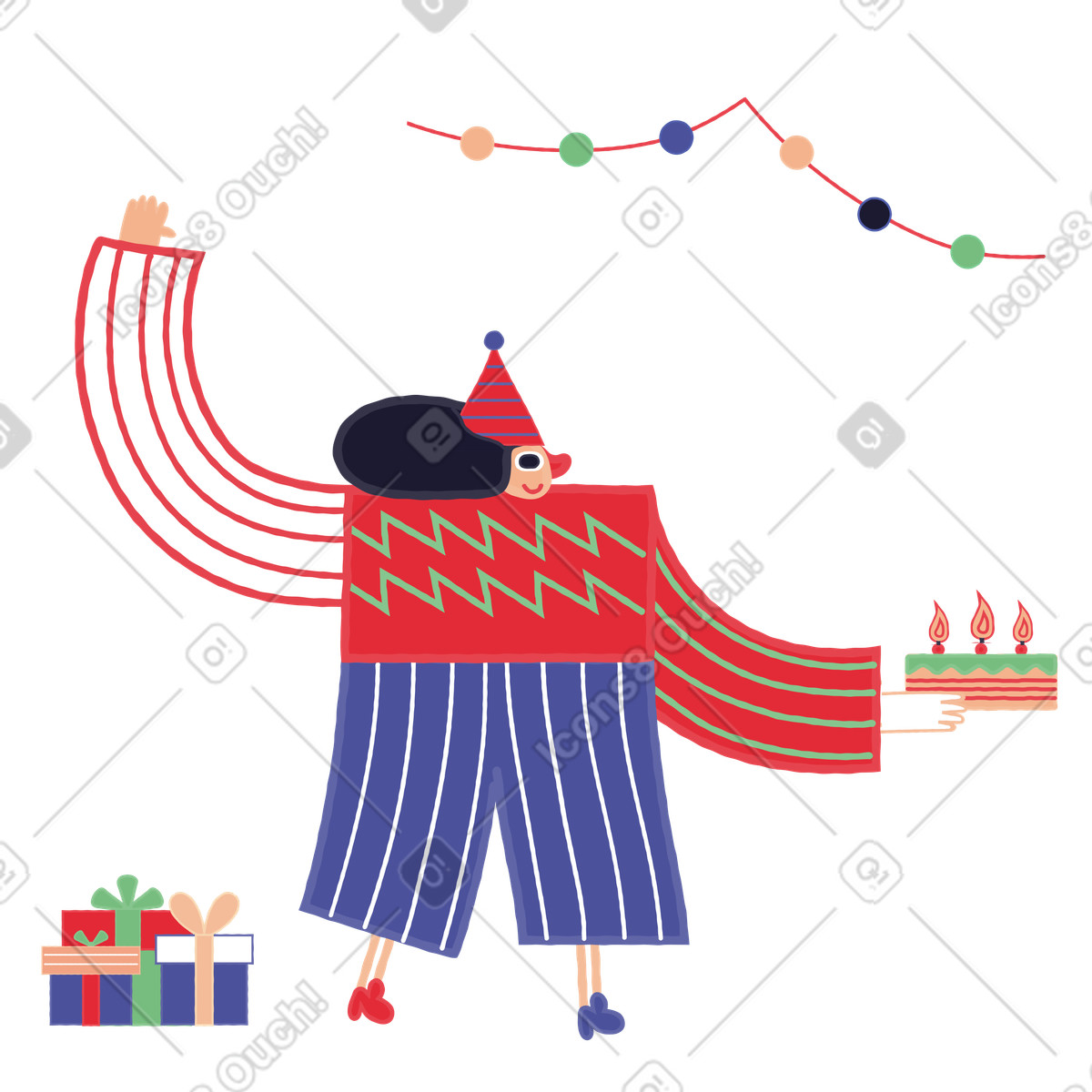 Ilustración Mujer celebrando su cumpleaños con pastel en estilo Stripy a descargar en PNG y SVG