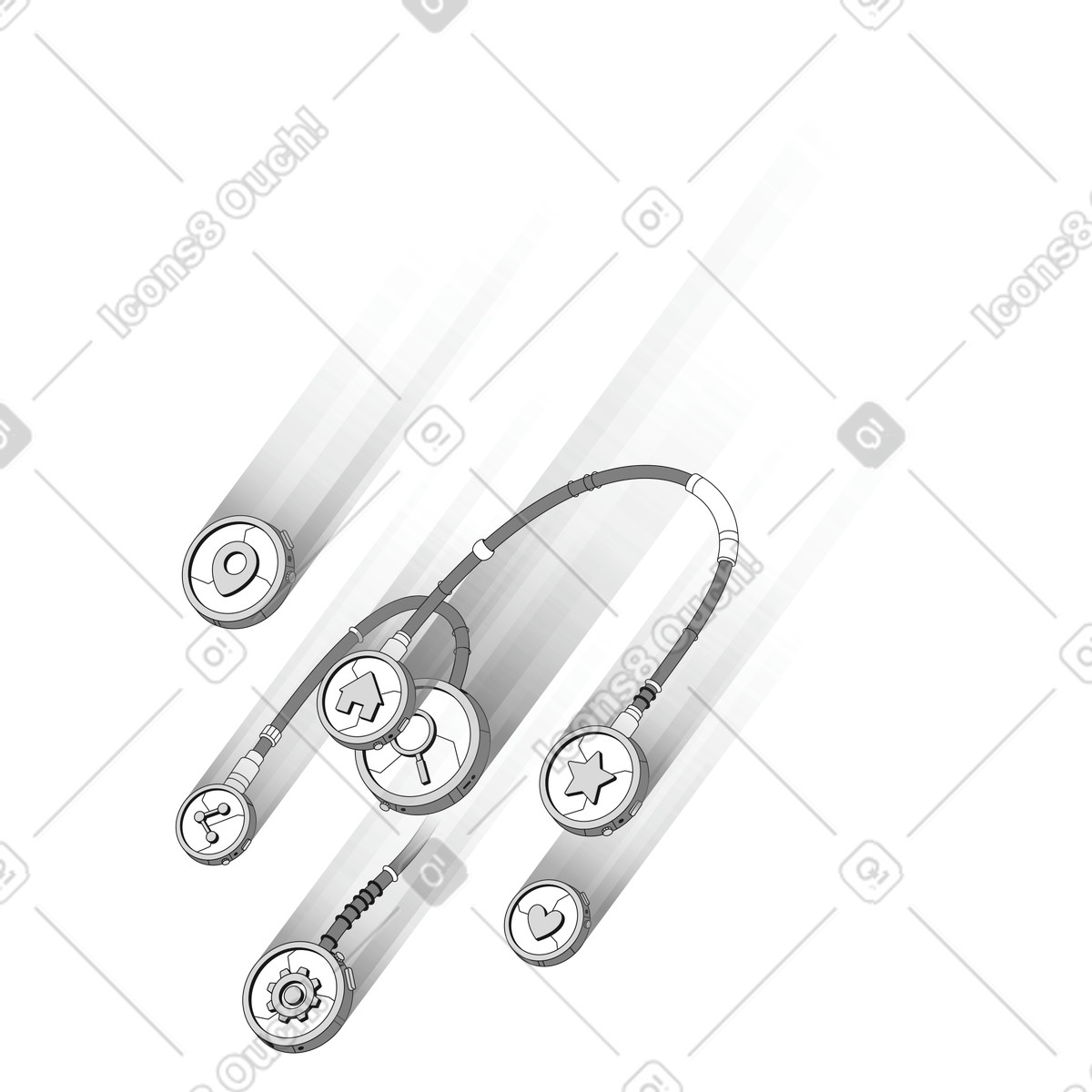 下载 Futuristic 风格的 User interface icons connected with cables and plugs 插画，支持 PNG、SVG 格式