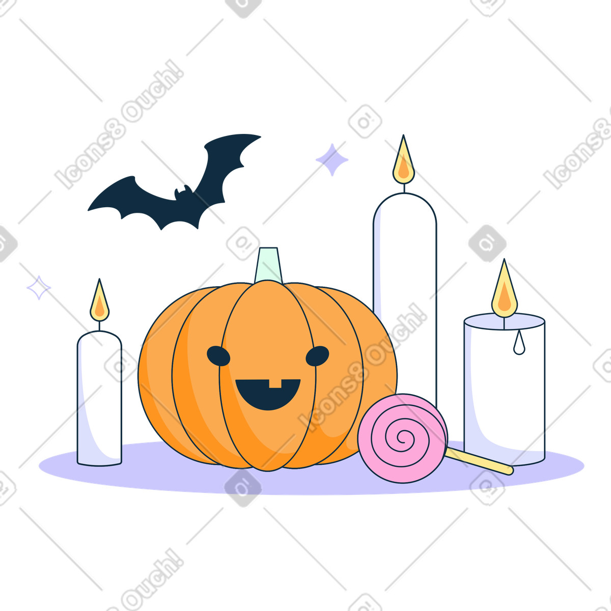 Illustration Citrouille d'halloween avec bougies, bonbons et chauve-souris dans le style Bubble gum à télécharger aux formats PNG, SVG