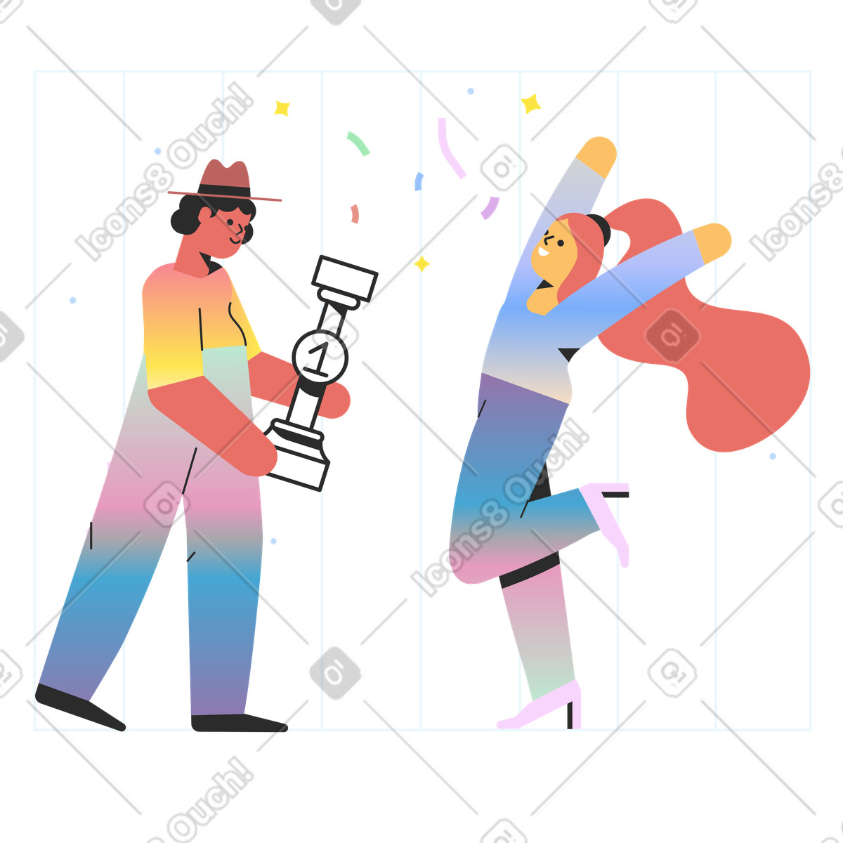 Celebration with first place trophy and confetti, Leadership or competition victory illustration in Marginalia style download in PNG, SVG