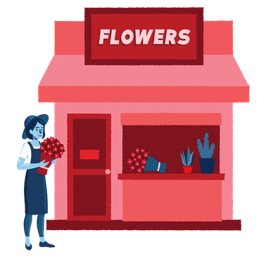 A woman holding flowers outside a flower shop - Cherry style illustration