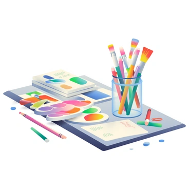 A collection of art supplies is neatly arranged on a desk at the agency. There are multiple paintbrushes with varying sizes in a clear jar, displaying their colorful bristles. Beside the jar, a set of watercolor paints in vibrant hues is open, with a few brush strokes visible on a nearby piece of paper. A palette with a mix of paint colors sits next to the paints. There is a stack of sketchpads, each with different cover designs. Scattered around are several colored pencils, markers, and a small pair of scissors. The desk has a smooth wooden surface, and a soft light illuminates the scene, highlighting the vibrant colors of the supplies.