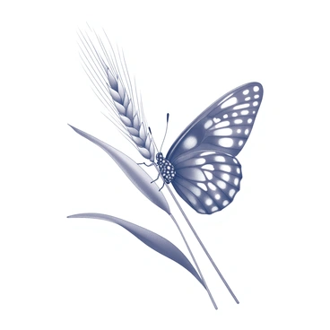 A butterfly with intricate patterns on its wings is resting on a wheat stalk. The butterfly displays a variety of shapes and detailed markings. The wheat stalk is slender and tall, with the grains at the top swaying gently. The scene captures the delicate balance of nature, with the butterfly perched softly among the wheat.