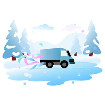 A truck with a colorful assortment of ribbons trailing behind it is sliding playfully on a frozen lake. The surface of the lake reflects the soft colors of the sky. Surrounding the lake, there are tall snowy trees, their branches heavy with snow. The scene is filled with a tranquil ambiance of winter, with the snow on the ground and the glimmering ice adding to the serene atmosphere. The ribbons flutter in the cold breeze, creating a lively contrast against the stillness of the snowy landscape.
