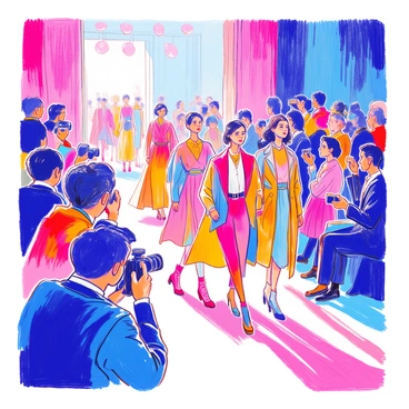 An illustration captures the excitement of fashion week. In the foreground, a group of photographers armed with cameras is seen capturing the moment. The photographers are positioned at different angles, some crouched down while others stand tall, surrounded by flashes of light. Nearby, several models showcasing vibrant outfits walk confidently down the runway, their expressions reflecting poise and energy. The models wear diverse styles, including colorful dresses, sharp suits, and striking accessories. In the background, the audience is visible, a mix of fashion enthusiasts and industry professionals, all focused on the runway. Some audience members are taking pictures, while others are engaged in conversation, creating a lively atmosphere. The entire scene is filled with vibrant colors and dynamic movements, conveying the pulse of fashion week.
